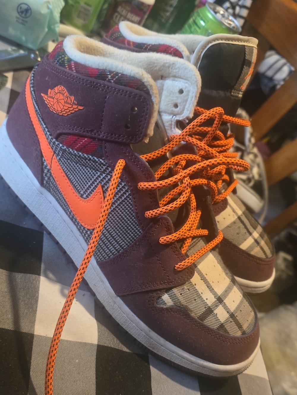 Jordan High-Top Sneakers in Purple & Orange Plaid 6.5y Womens 8